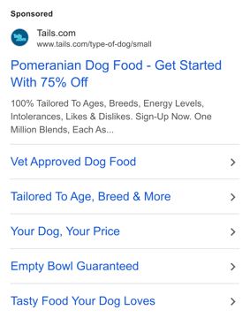 tails.com ad — Get started with 75% off tailored dog food