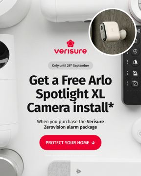 Verisure ad — Get a free Arlo Spotlight XL Camera with Zerovision alarm