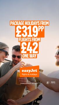 easyJet ad — Package holidays from £319pp, flights from £42 one way