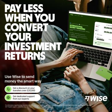 Wise ad — Pay less when you convert your investment returns