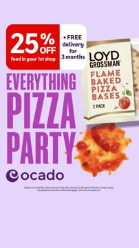 Ocado ad — 25% off food plus free delivery for 3 months