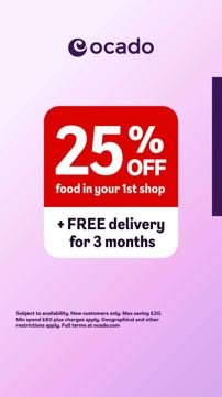 Ocado ad — 25% off food in your 1st shop plus free delivery