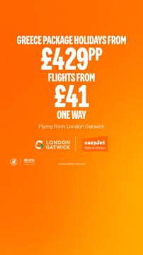 easyJet ad — Greece package holidays from £429pp, flights from £41