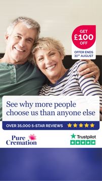 Pure Cremation ad — Get £100 off a funeral plan — offer ends 31st August