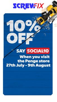 Screwfix ad — 10% off at Penge store with code SOCIAL10