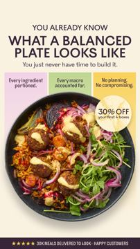 Mindful Chef ad — Balanced meals portioned and planned — 30% off first 4 boxes