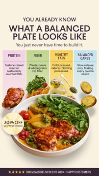 Mindful Chef ad — Balanced meals built for you, 30% off first 4 boxes