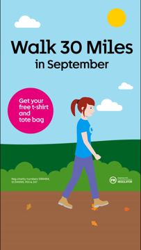 Cancer Research UK ad — Walk 30 miles in September, get free t-shirt and tote bag