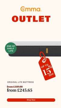 Emma Sleep ad — Outlet sale — up to 15% off end of shelf life